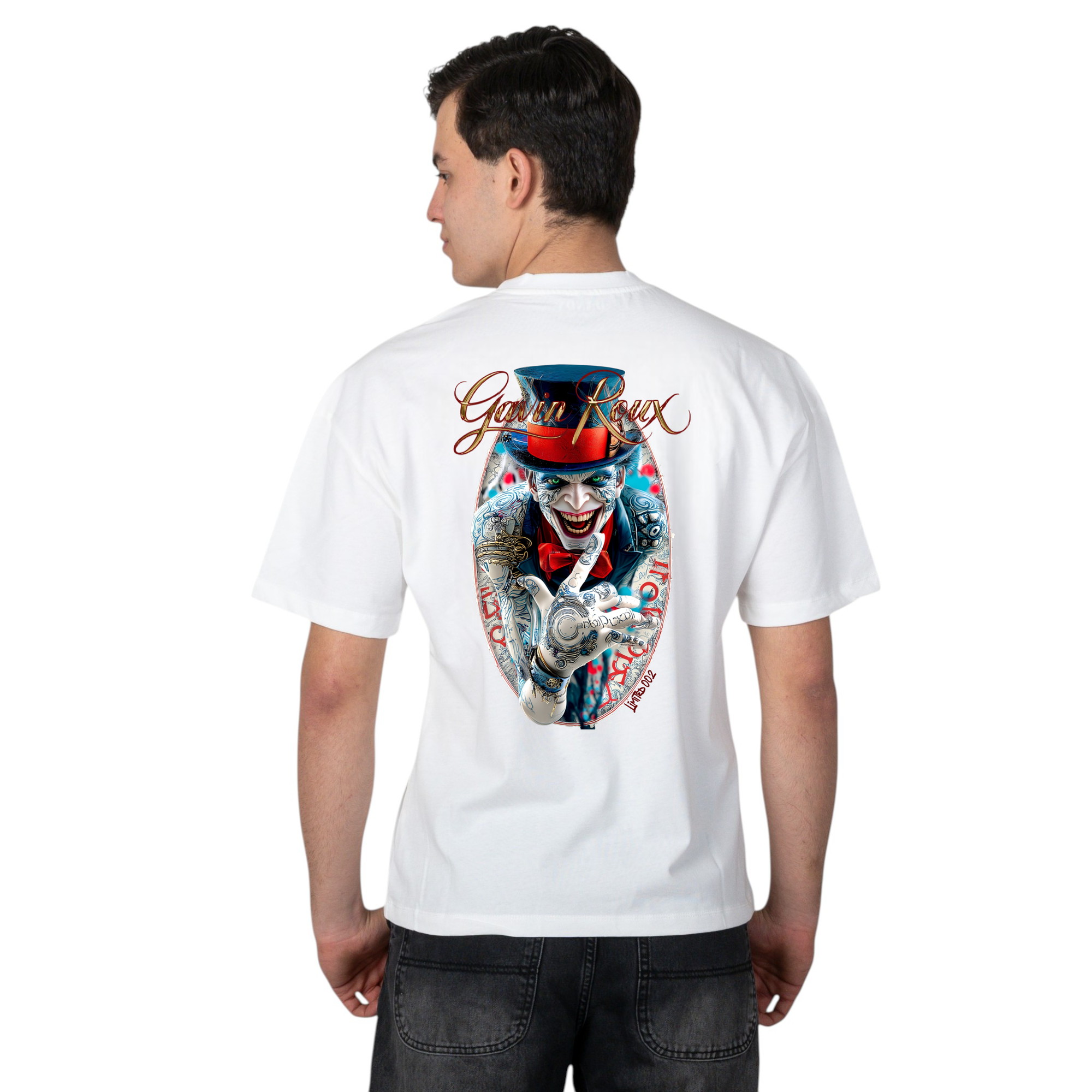 Gavin Roux Cyber Clown T-shirt – Maglietta oversize unisex bianca in cotone con stampa artistica retro futuristica LIMITED 002