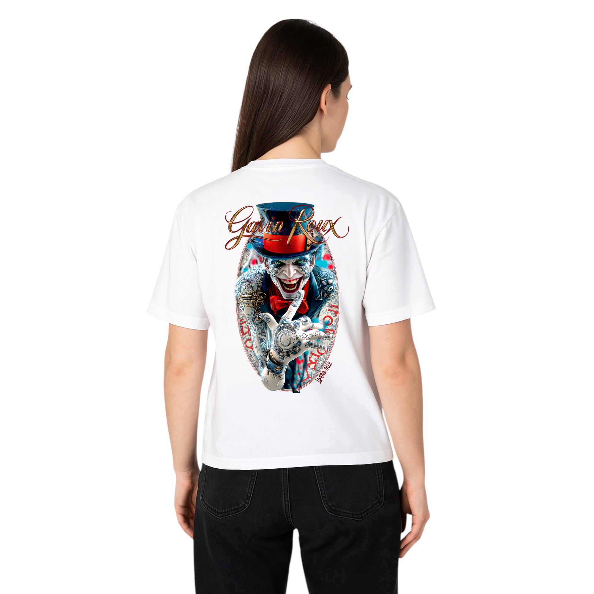 Gavin Roux Cyber Clown T-shirt – Maglietta oversize unisex bianca in cotone con stampa artistica retro futuristica LIMITED 002