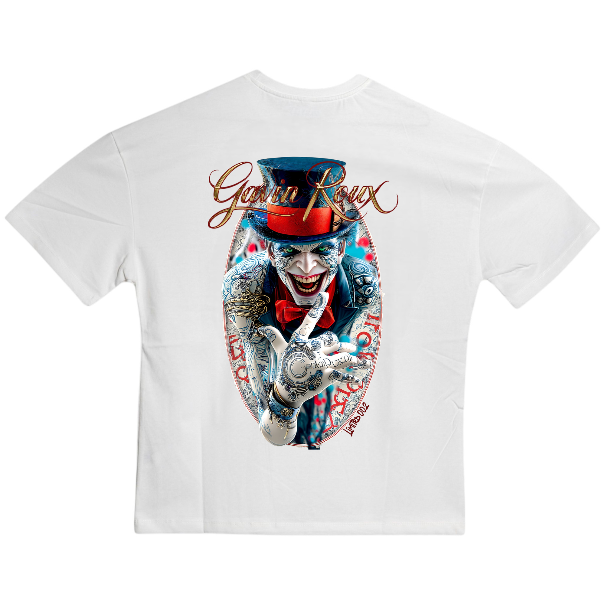 Gavin Roux Cyber Clown T-shirt – Maglietta oversize unisex bianca in cotone con stampa artistica retro futuristica LIMITED 002